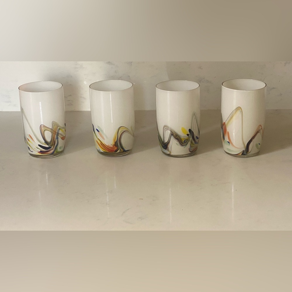 Set 4 1960s Dalian Snowflake Cased Glass White Multi Color Swirl Ribbon Tumblers